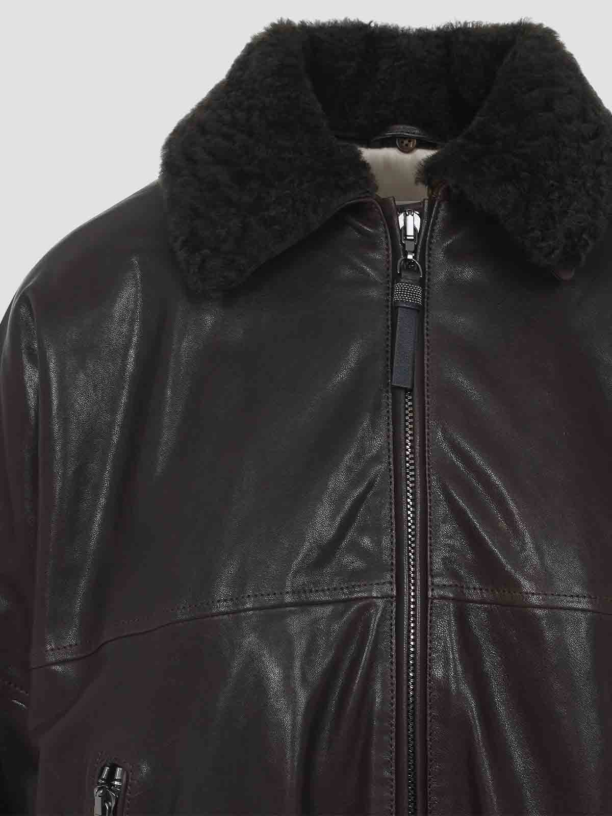 Brunello Cucinelli Shearling Collar Leather Jacket In Black