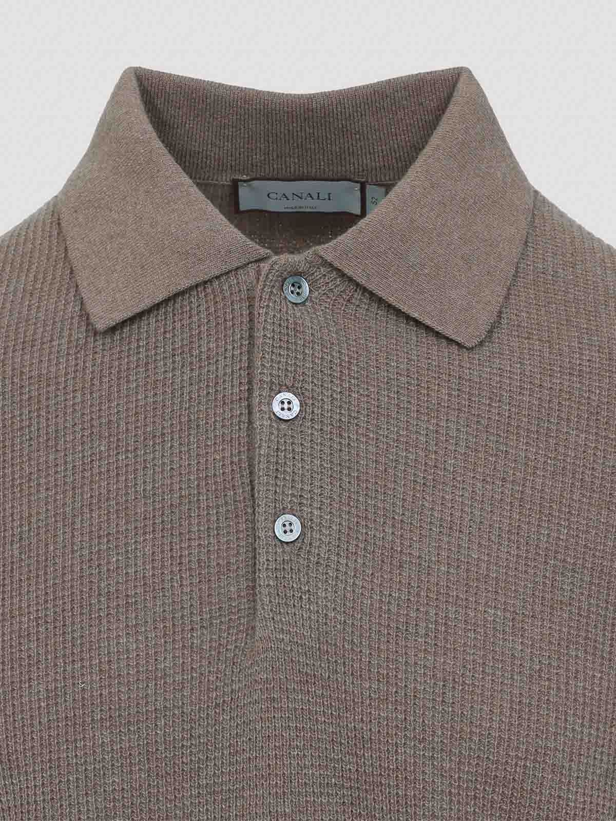 Canali Taupe Brown Wool Long Sleeves Suede Detail Polo In Brown