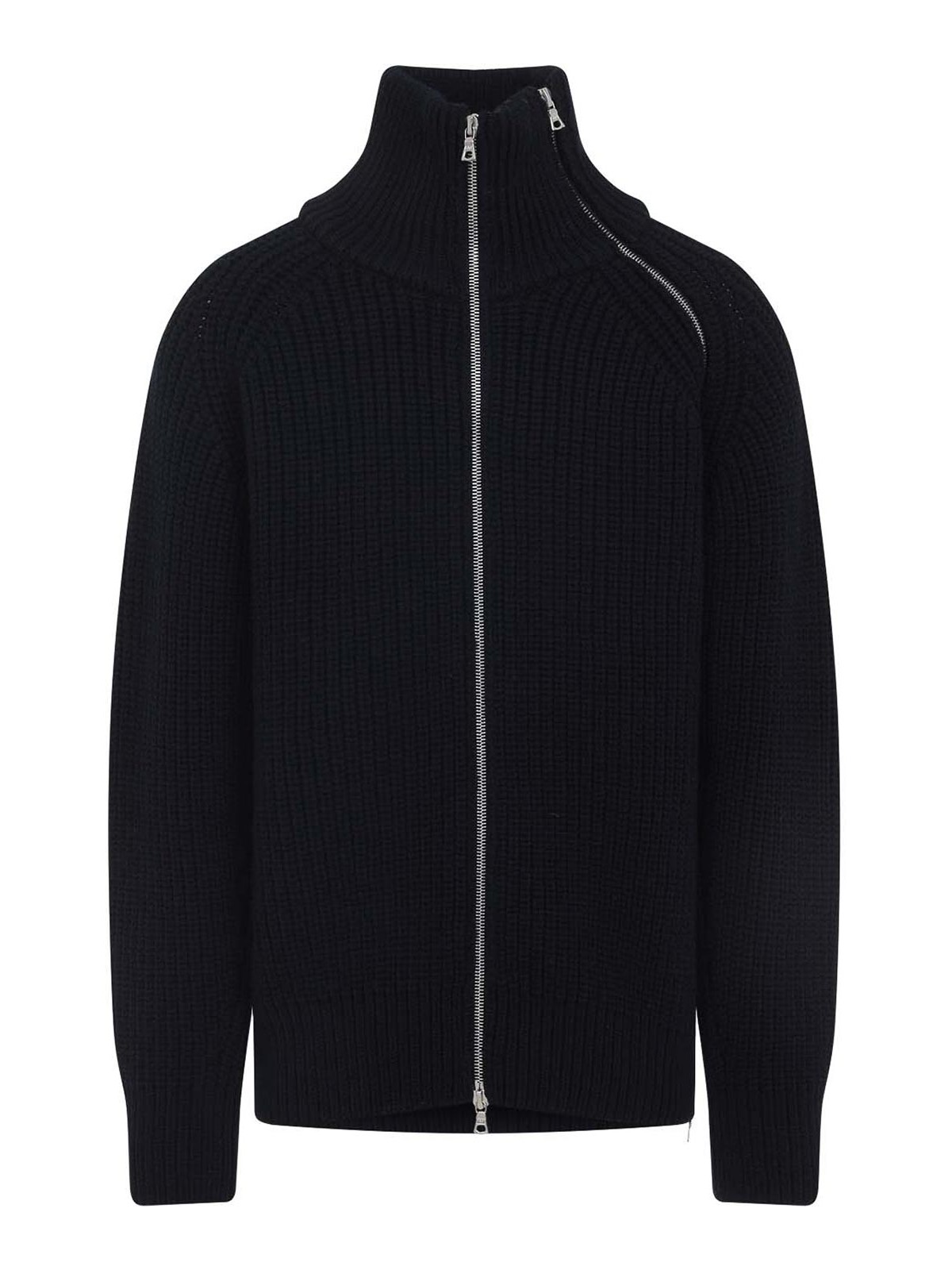 Dries Van Noten Full Zip Turtleneck Sweater With Shoulder Detail In Black