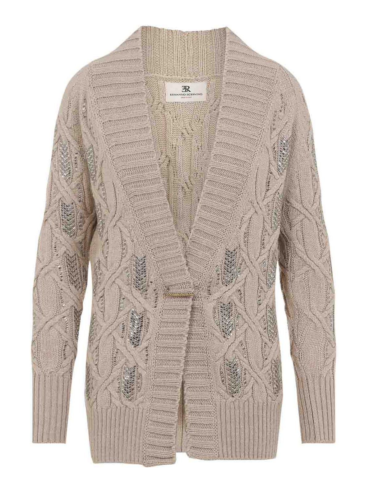 Ermanno Scervino Crystal-embellished Cable-knit Cardigan In Gray