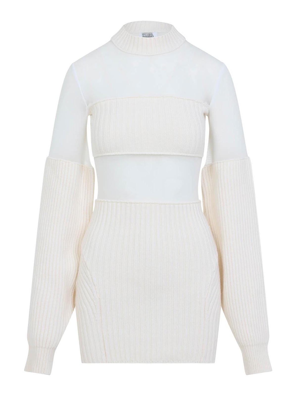 Jean Paul Gaultier Mesh Cutout Ribbed Knit Long-sleeve Mini Dress In Neutral
