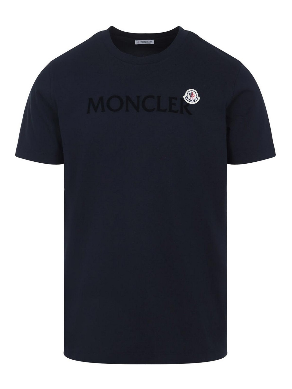Moncler Men T-shirt With Flocked Cotton Logo In Blue