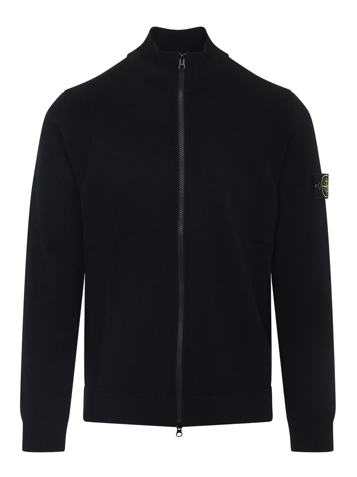 Stone Island Full Zip Knit Sweater With High Collar In Black
