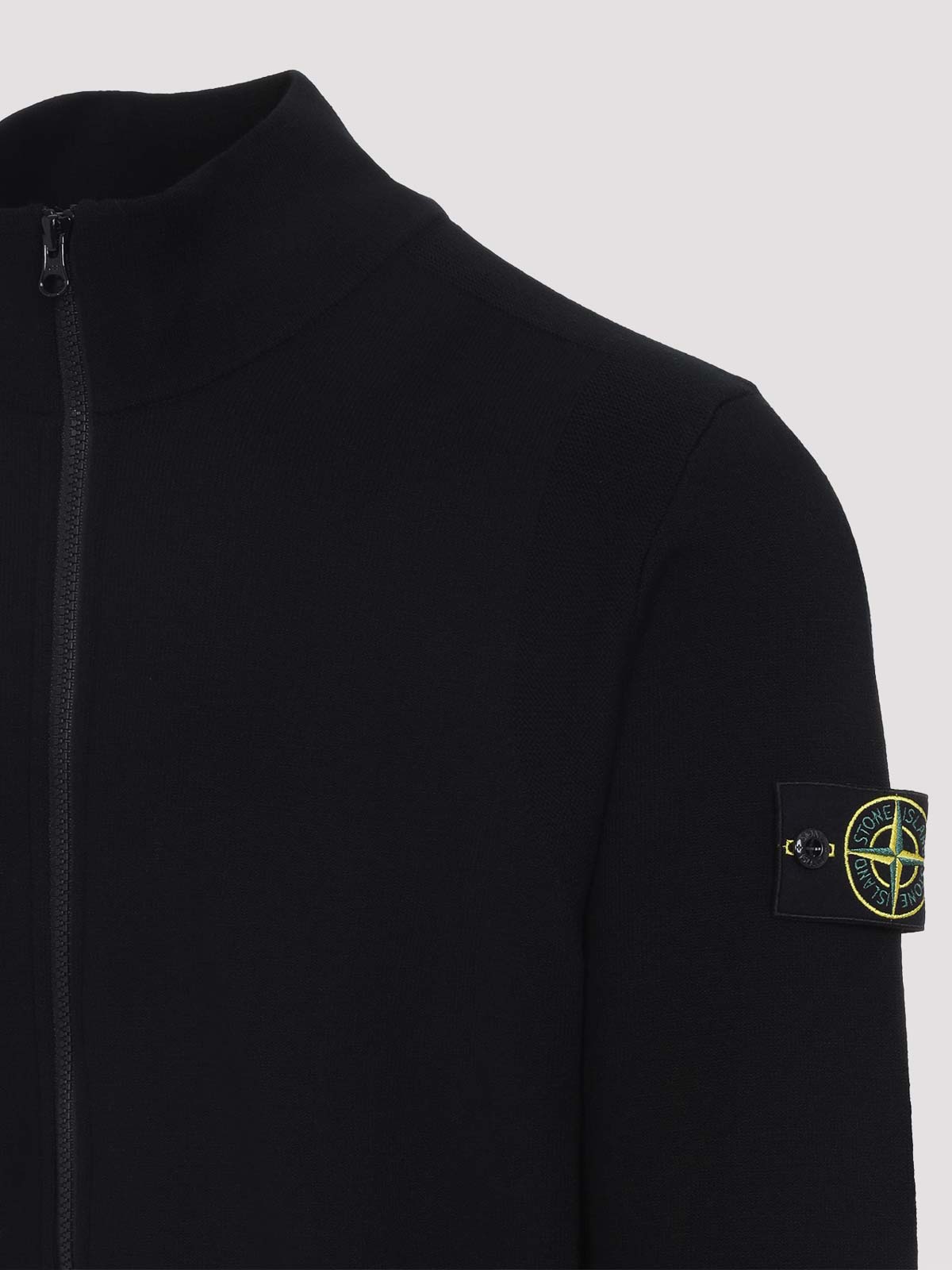 Stone Island Full Zip Knit Sweater With High Collar In Black