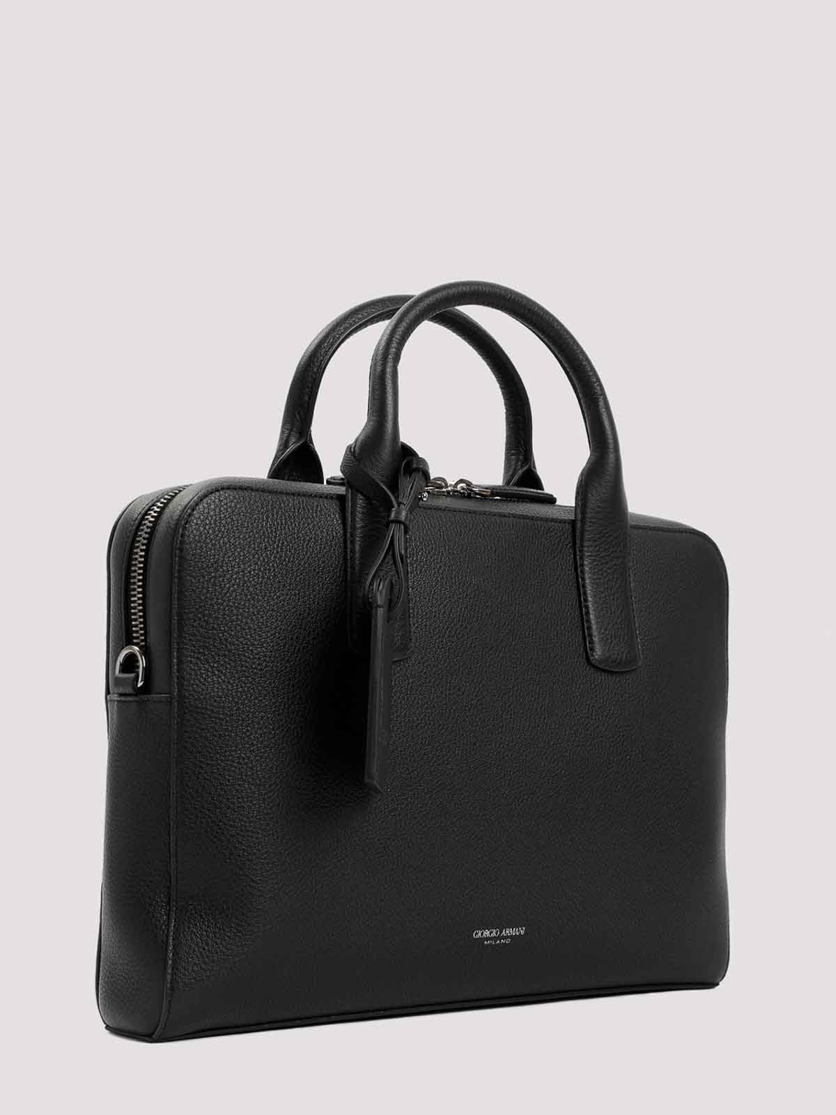 Giorgio Armani Logo-stamp Leather Laptop Bag In Black