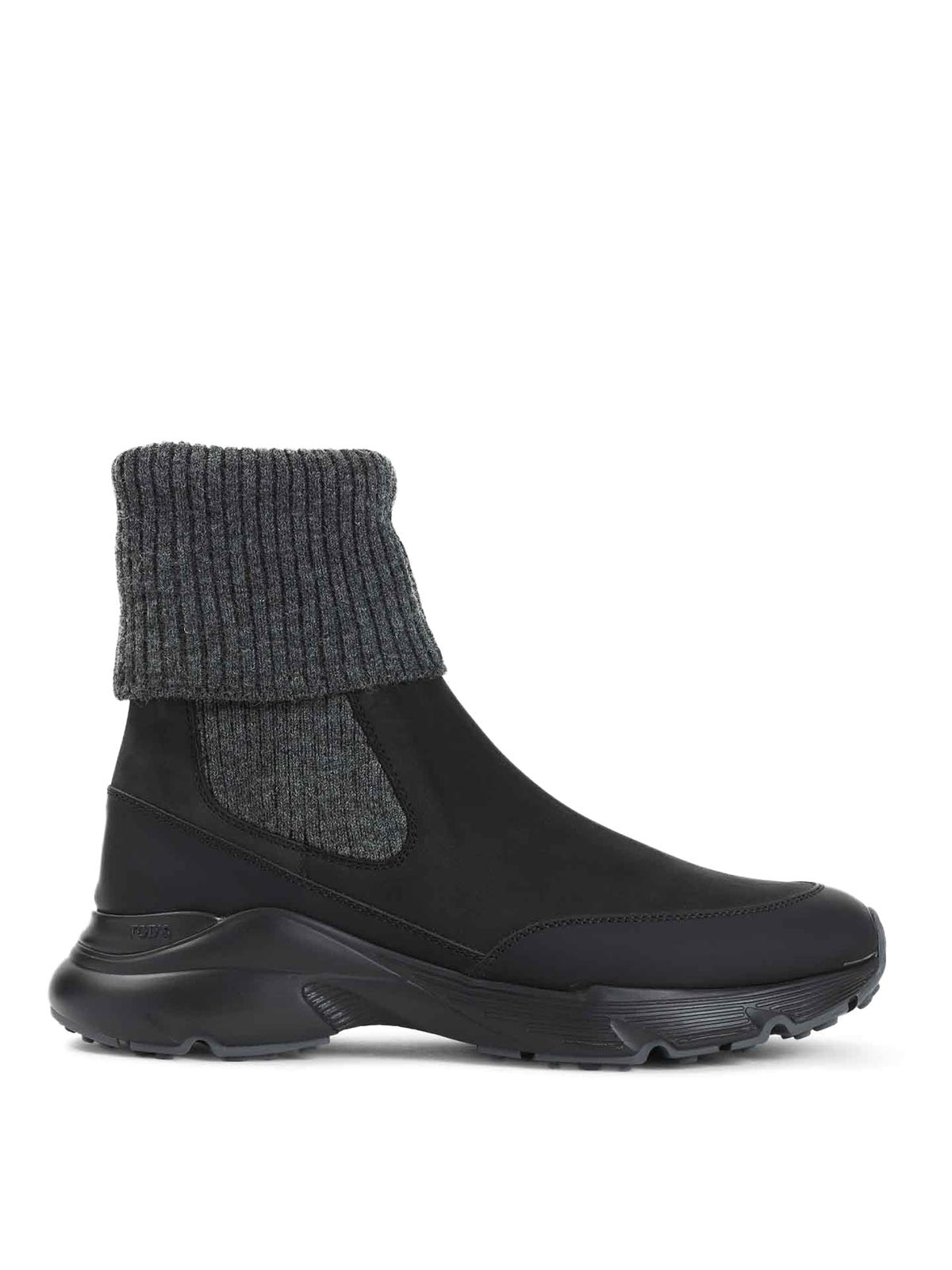 Tod's High Knitted Cuff Sneakers With Textured Upper And Chunky Sole In Black