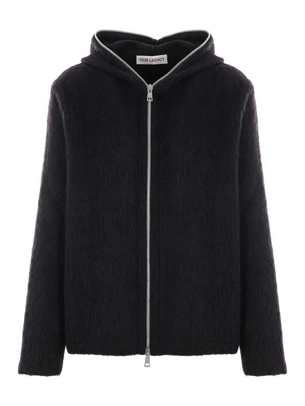 Our Legacy Textured Full Zip Hood Sweatshirt With Cozy Hood In Black