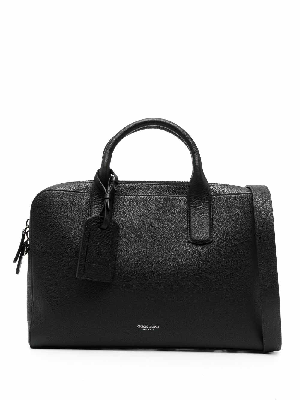 Giorgio Armani Logo-stamp Leather Laptop Bag In Black