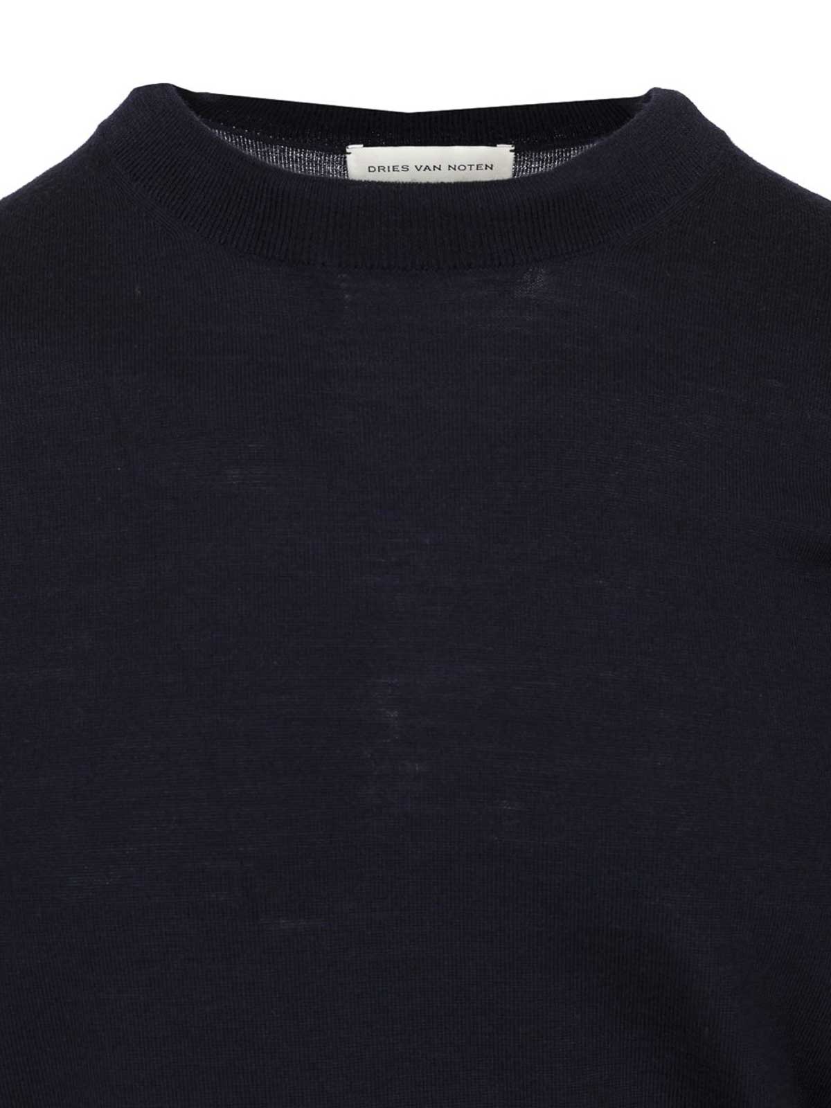 Dries Van Noten Merino Wool Sweater Knitwear Blue In Black