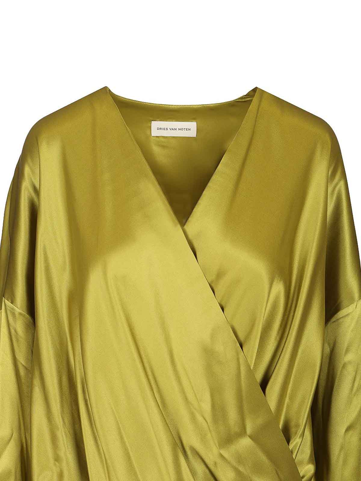 Dries Van Noten Camiel Satin Draped Blouse In Green