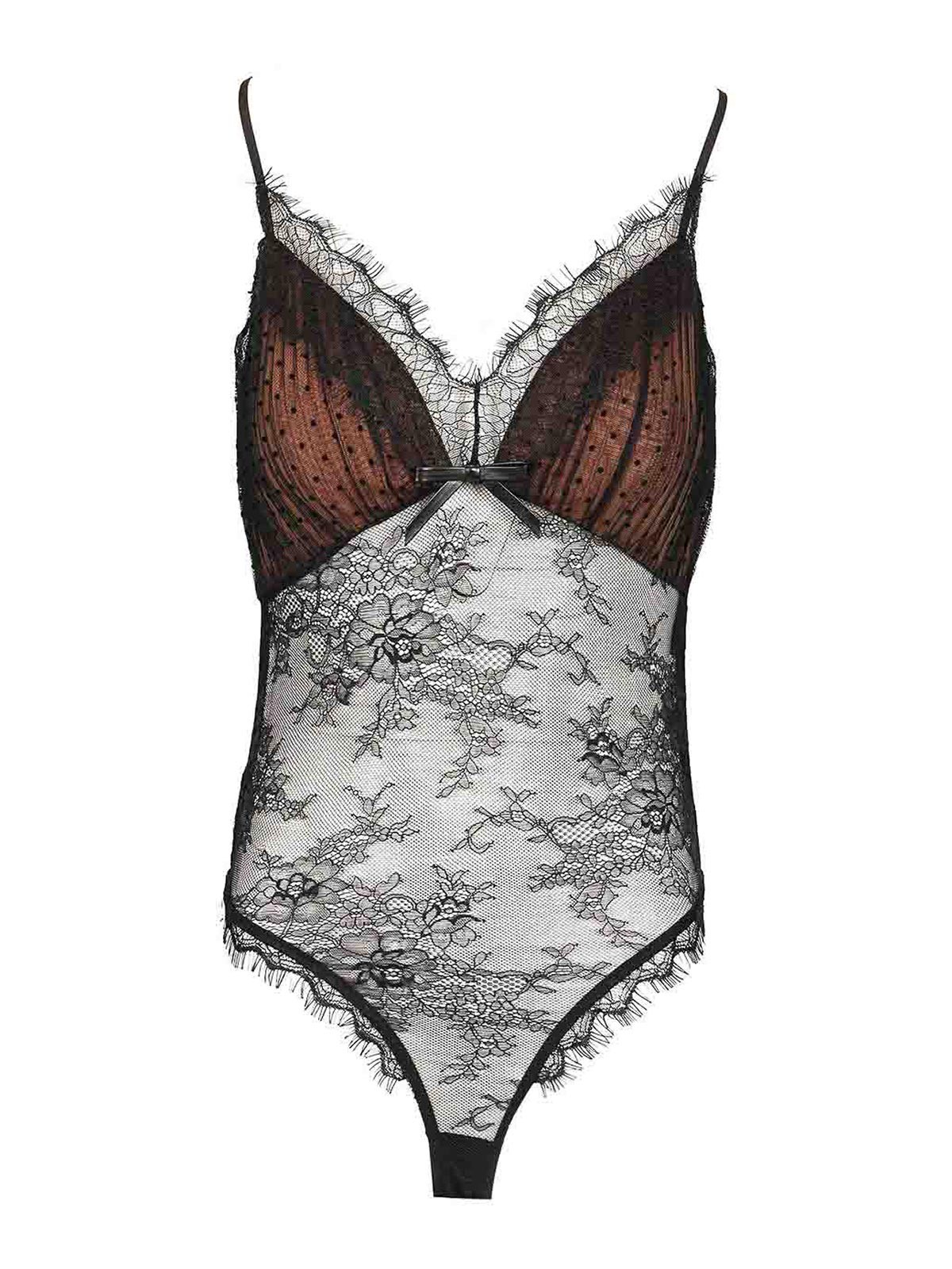 Self-portrait Polka Dot Mesh Bodysuit In Black