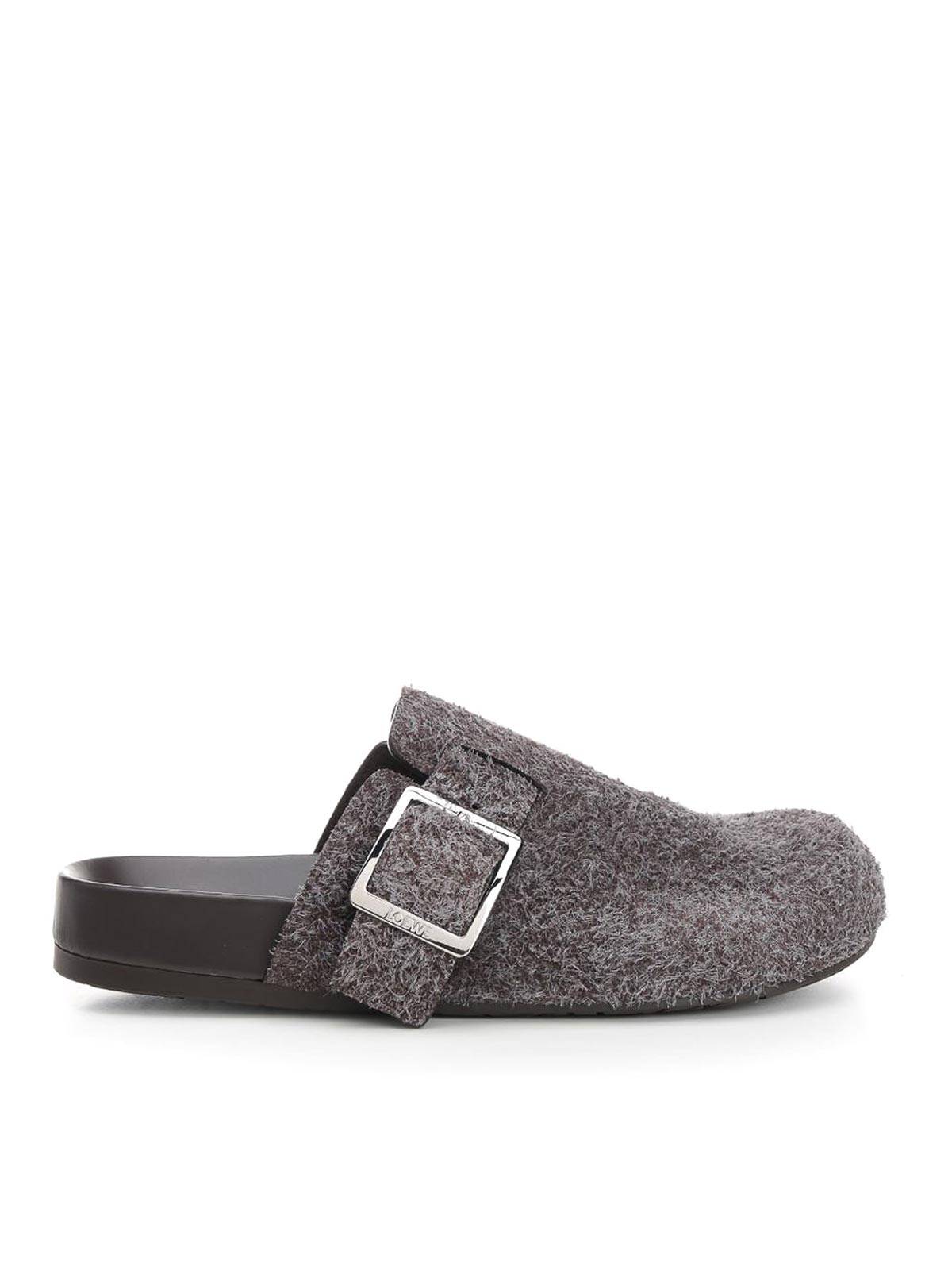 Loewe Buckle Detail Open Back Textured Finish Slippers In Gray