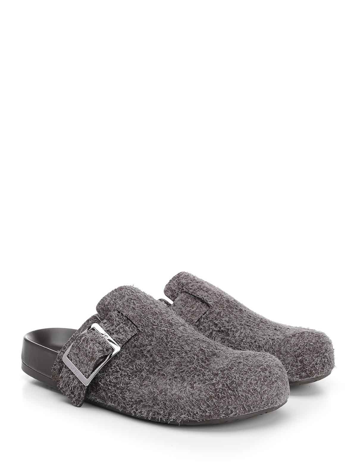 Loewe Buckle Detail Open Back Textured Finish Slippers In Gray