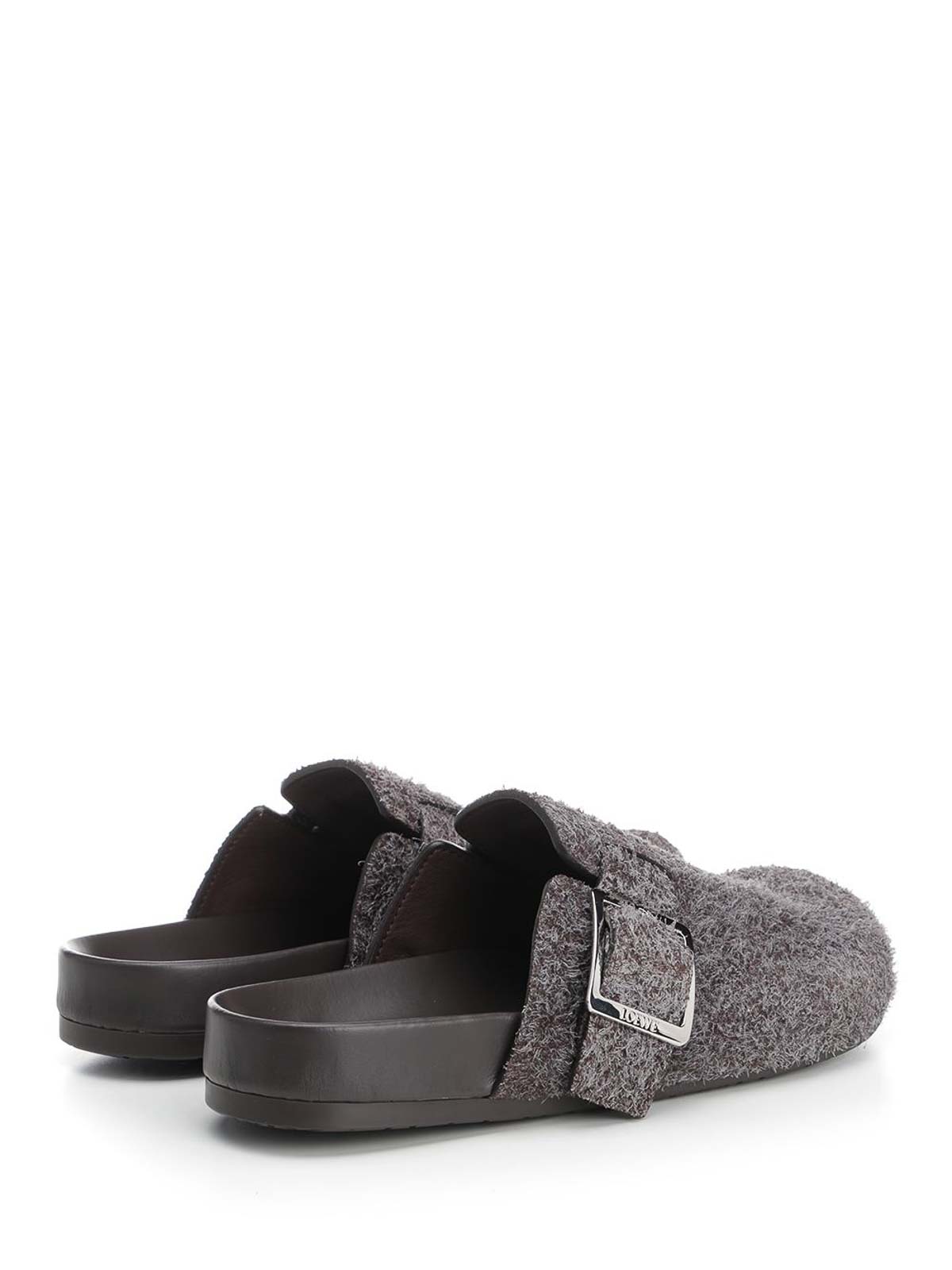 Loewe Buckle Detail Open Back Textured Finish Slippers In Gray