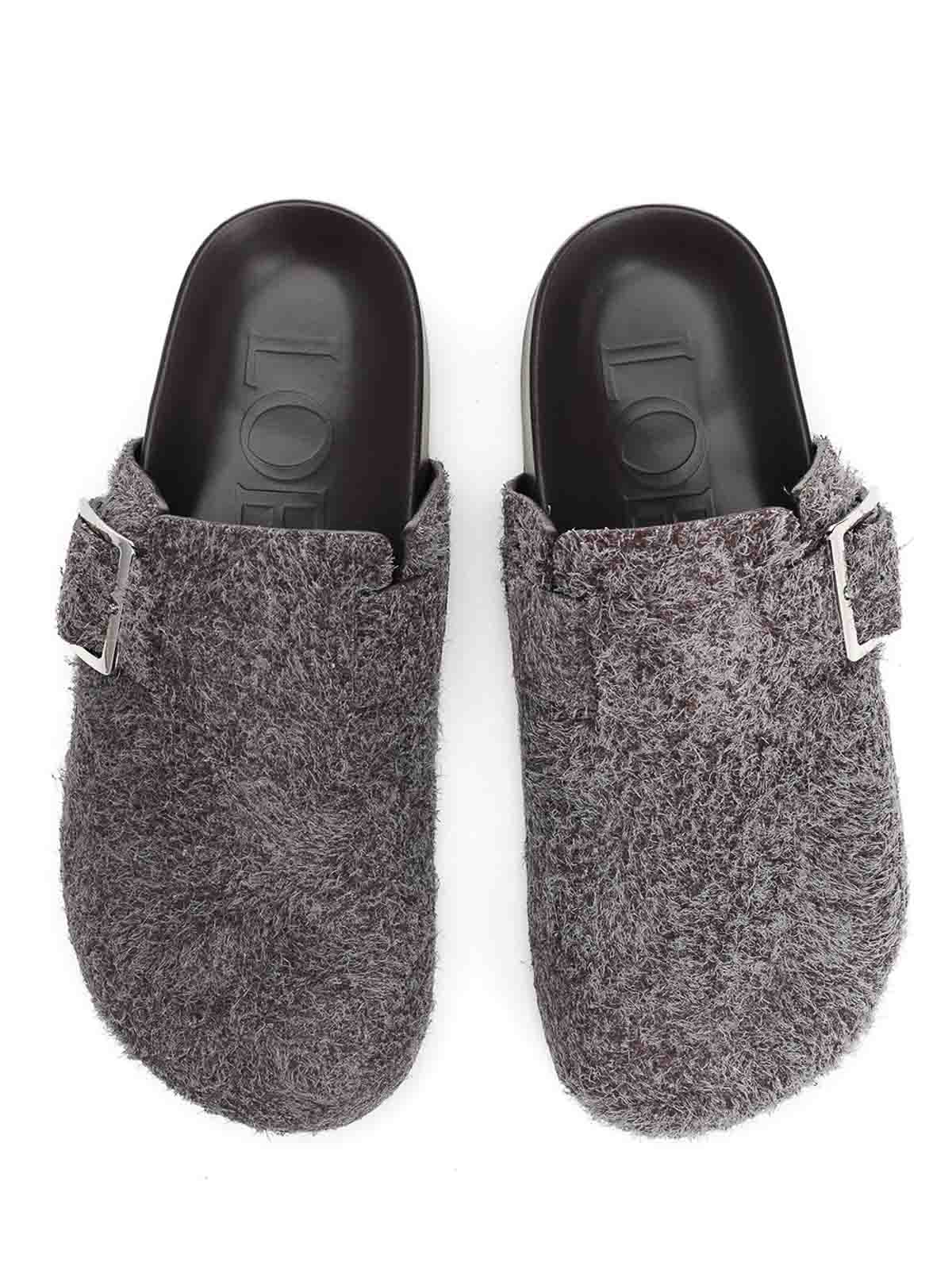 Loewe Buckle Detail Open Back Textured Finish Slippers In Gray