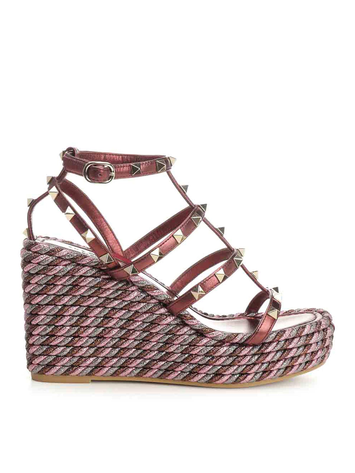 Valentino Garavani Rockstud Wedge Sandal In Laminated Nappa With 95mm Straps Woman Multicolour 42 In Purple