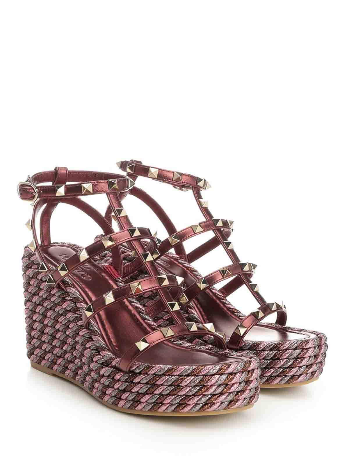 Valentino Garavani Rockstud Wedge Sandal In Laminated Nappa With 95mm Straps Woman Multicolour 42 In Purple