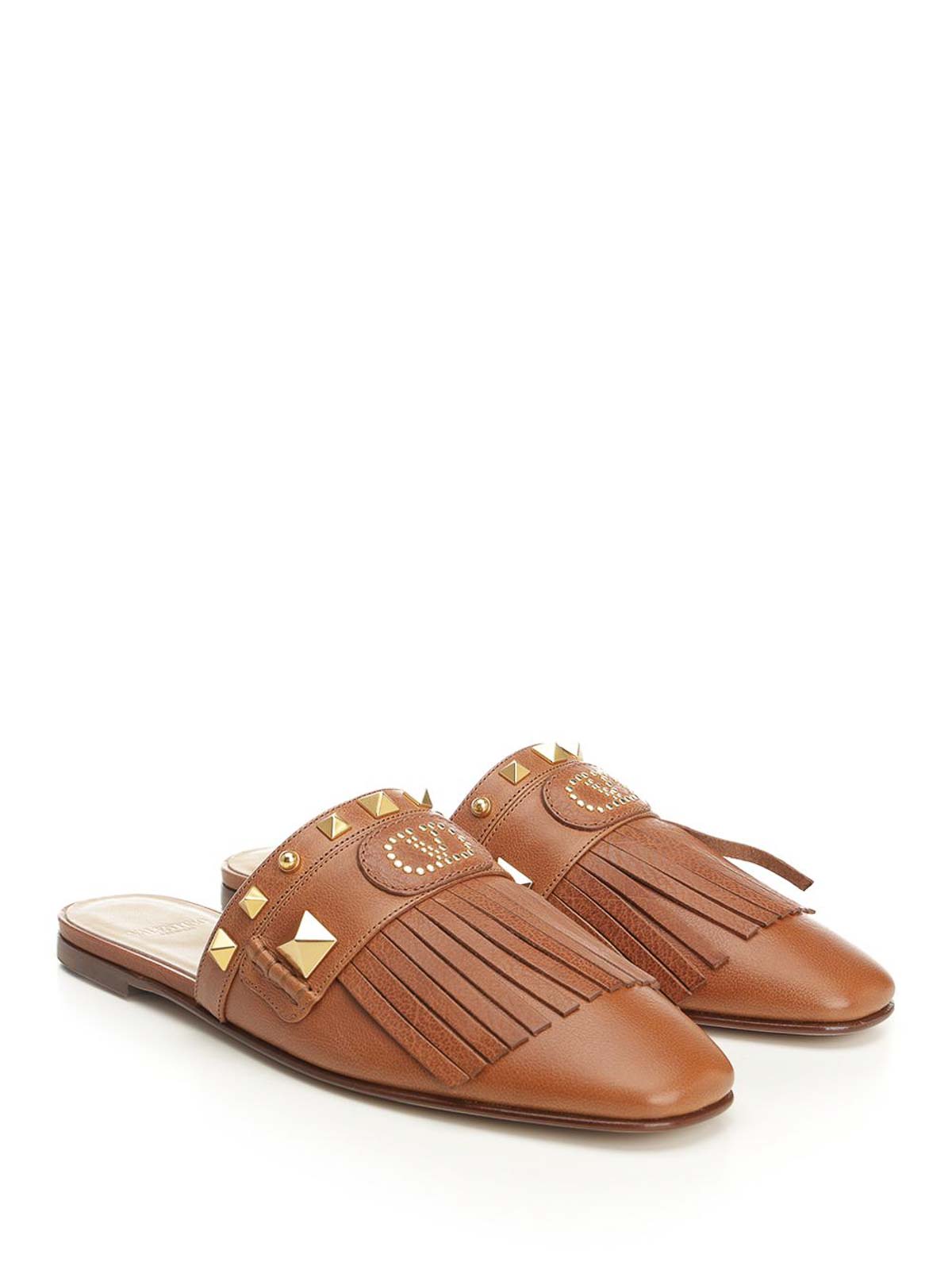 Valentino Plaster Caster Fringed Slide Mules In Brown