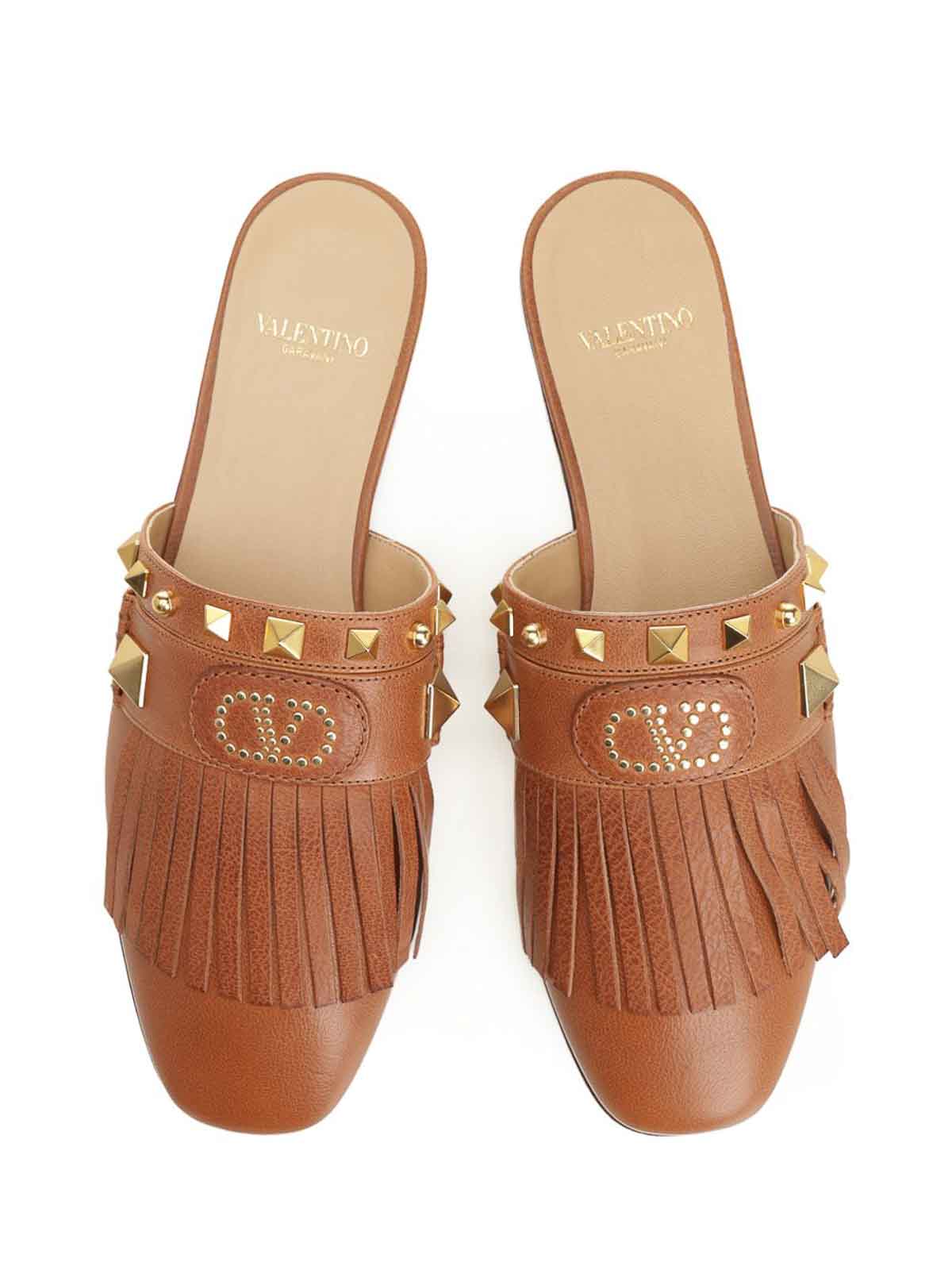 Valentino Plaster Caster Fringed Slide Mules In Brown