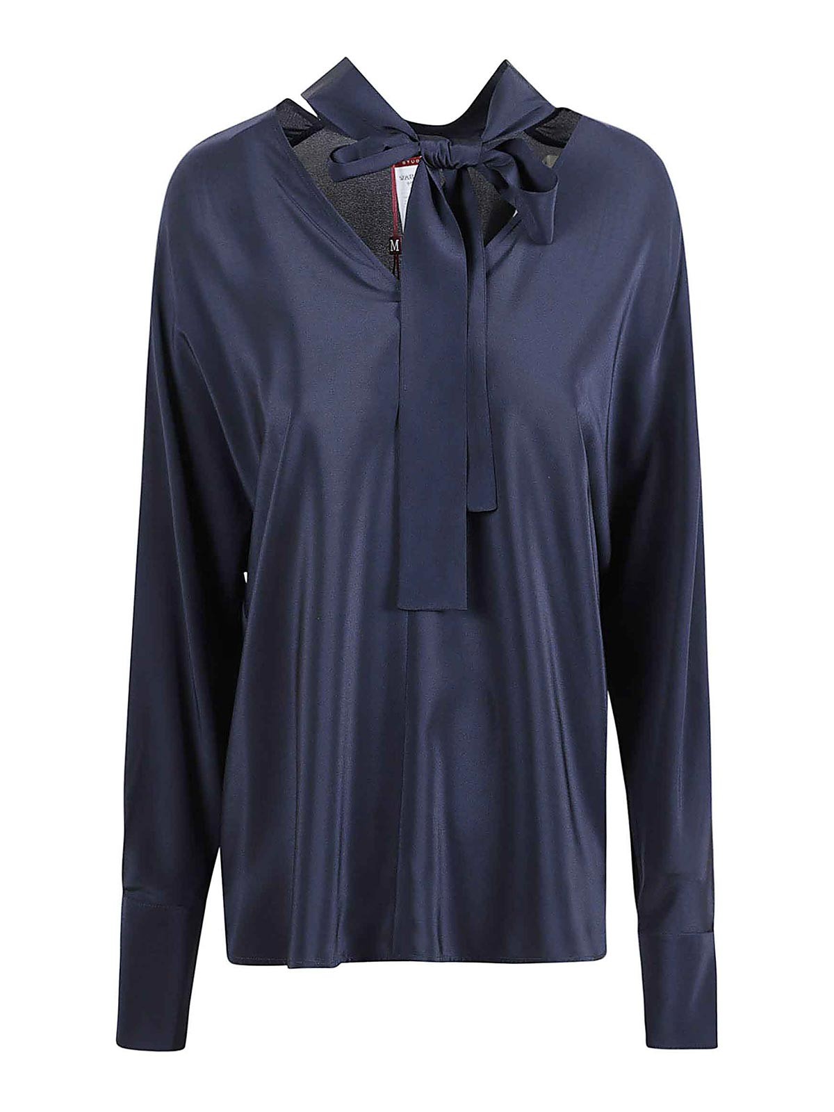 Max Mara Silk Blouse With Deep V-neckline And Tie Detail In Blue