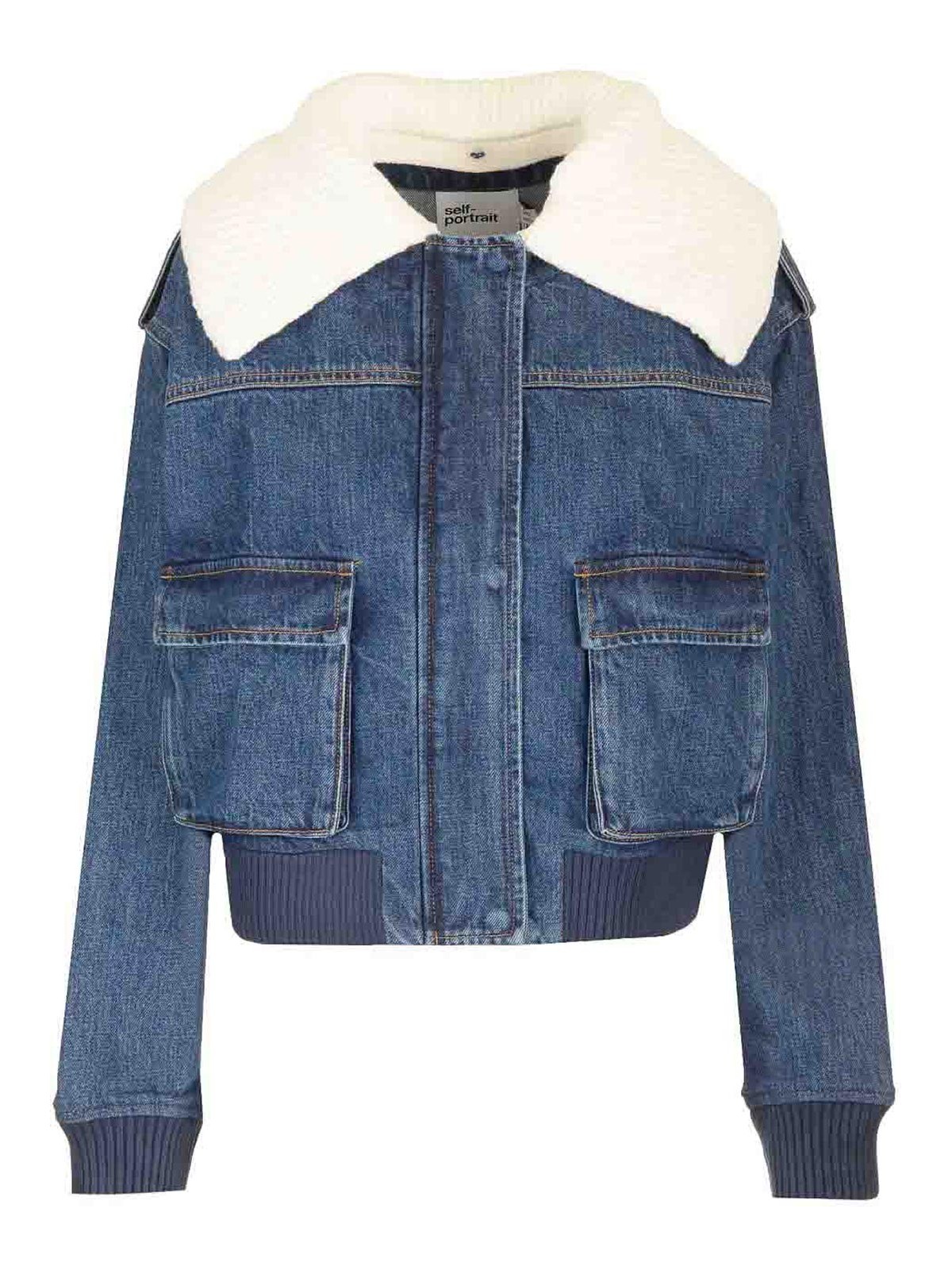 Self-portrait Bomber Style Denim Jacket In Blue