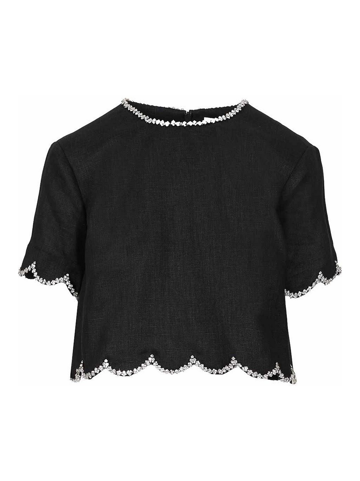 Zimmermann Crush Cropped Crystal-embellished Linen Top In Black