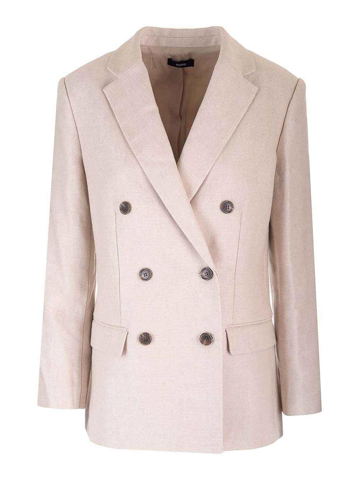 Theory Double-breasted Blazer In Linen Twill In Pink