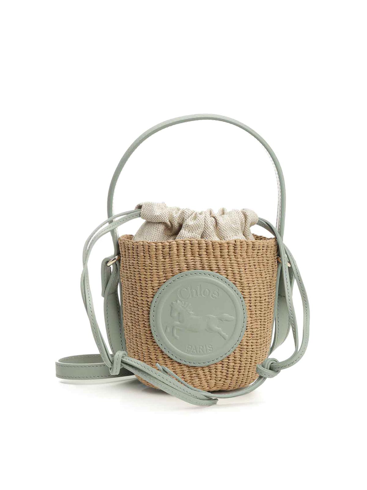 Chloé Mini Horse-emblem Raffia Bucket Bag In Green