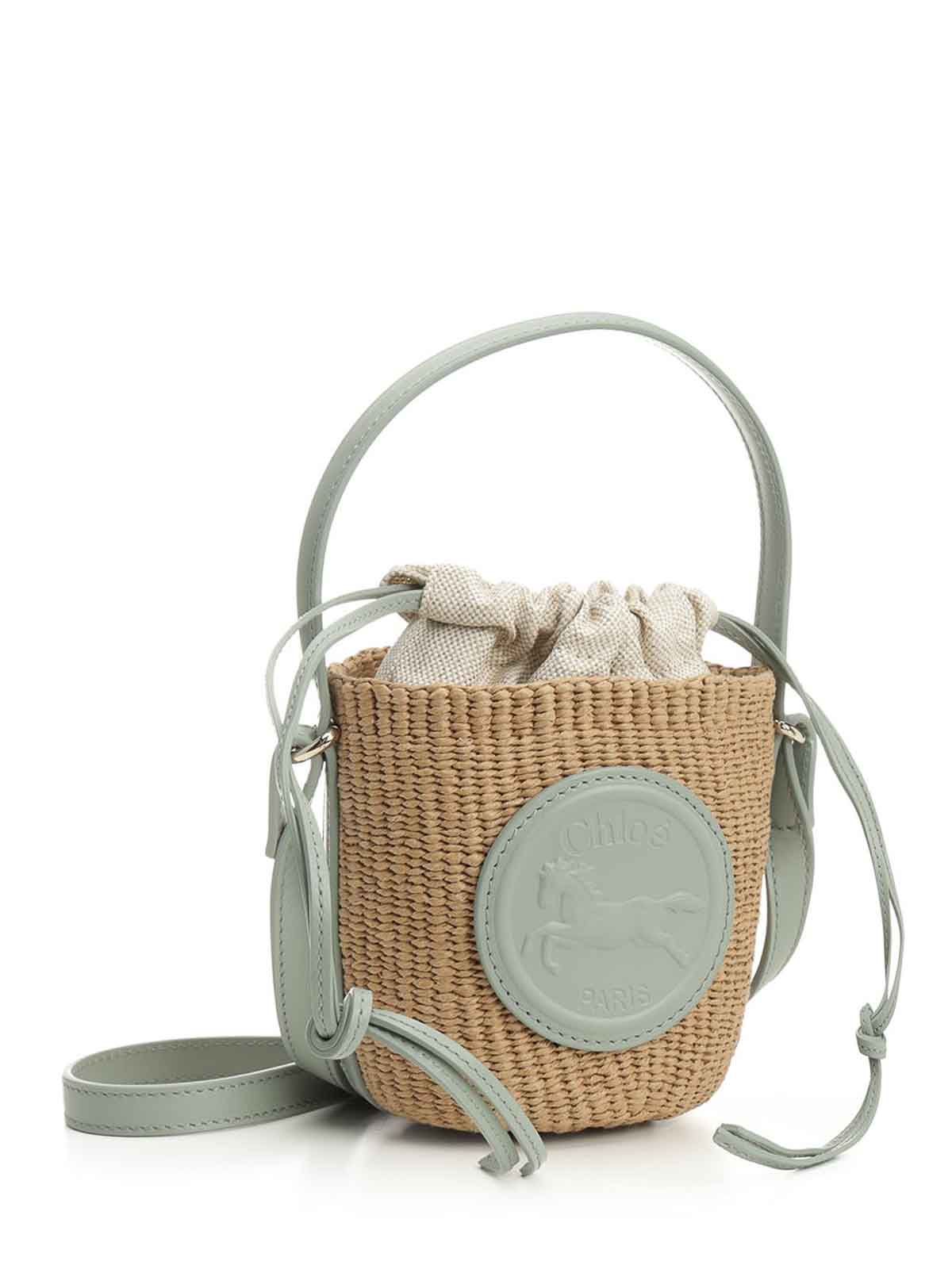 Chloé Mini Horse-emblem Raffia Bucket Bag In Green
