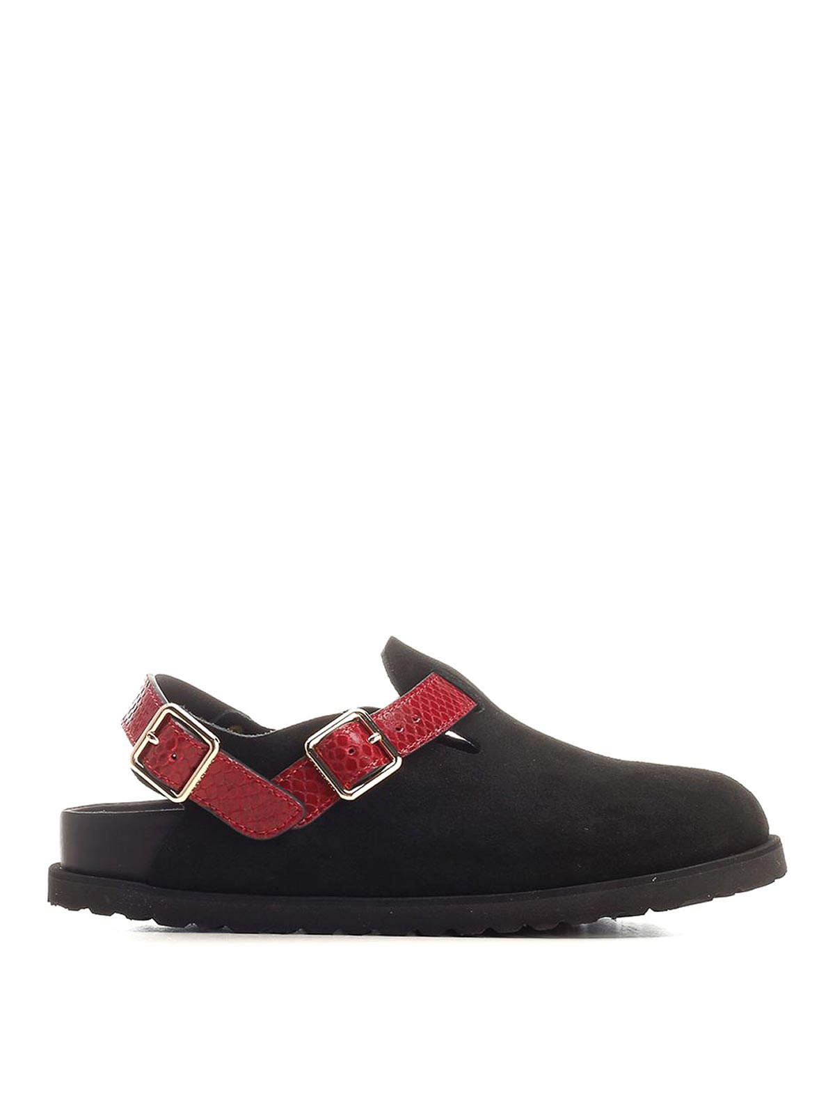 Birkenstock Black And Red Leather Tokio Cazador Flats In Black