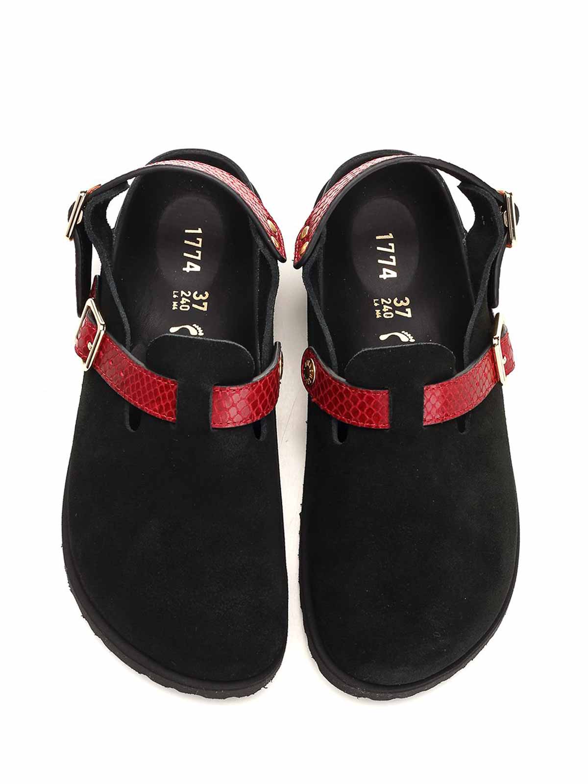 Birkenstock Black And Red Leather Tokio Cazador Flats In Black