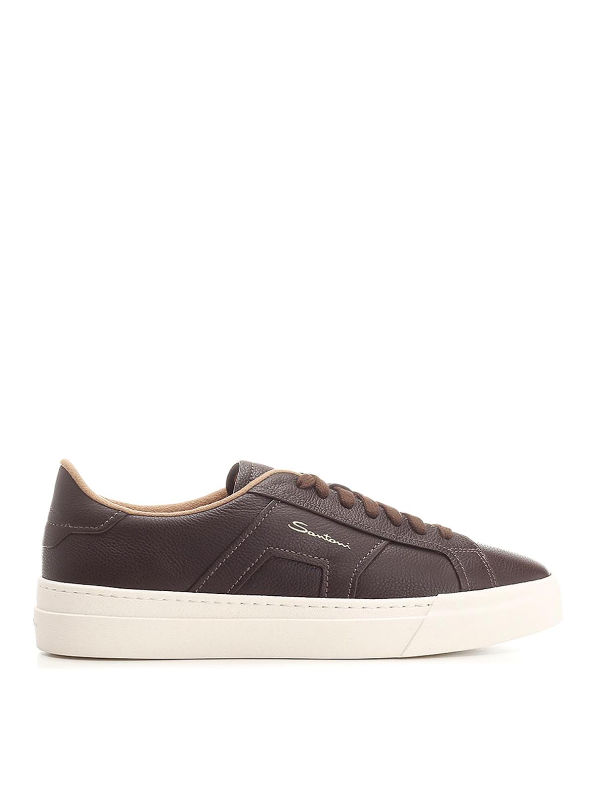 Santoni Tumbled Leather Double Buckle Trainer In Brown