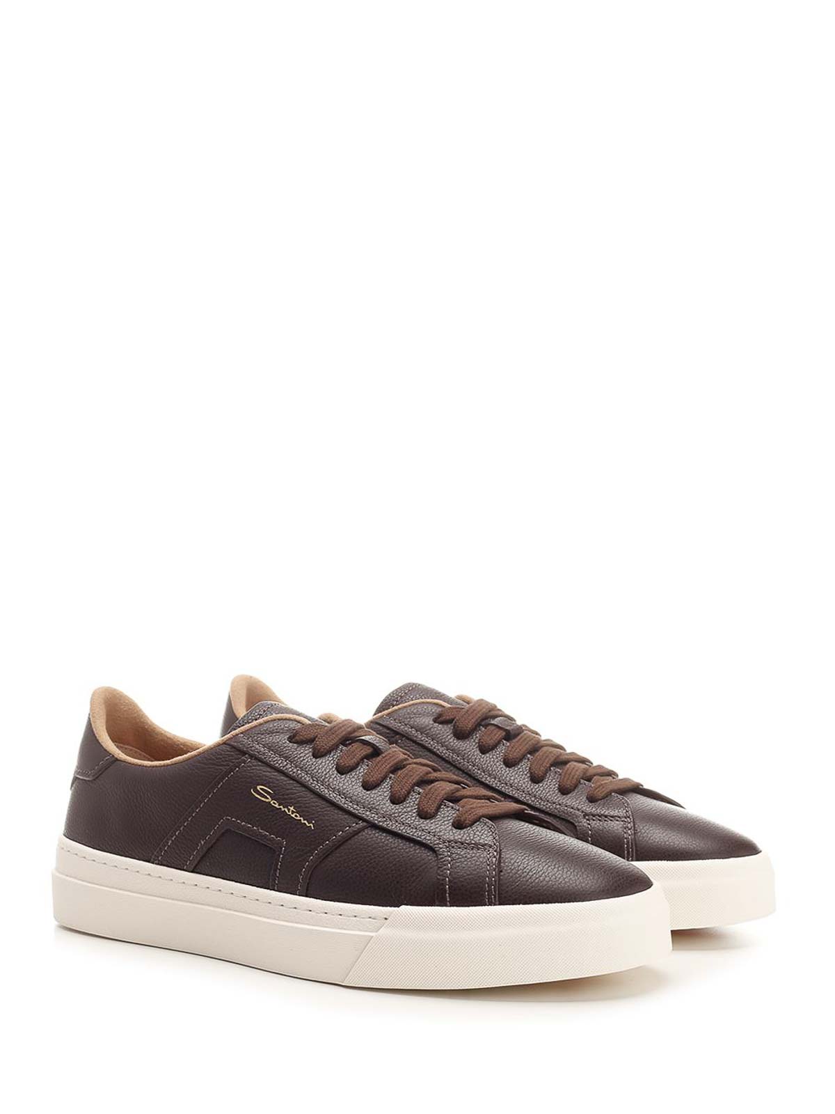 Santoni Tumbled Leather Double Buckle Trainer In Brown