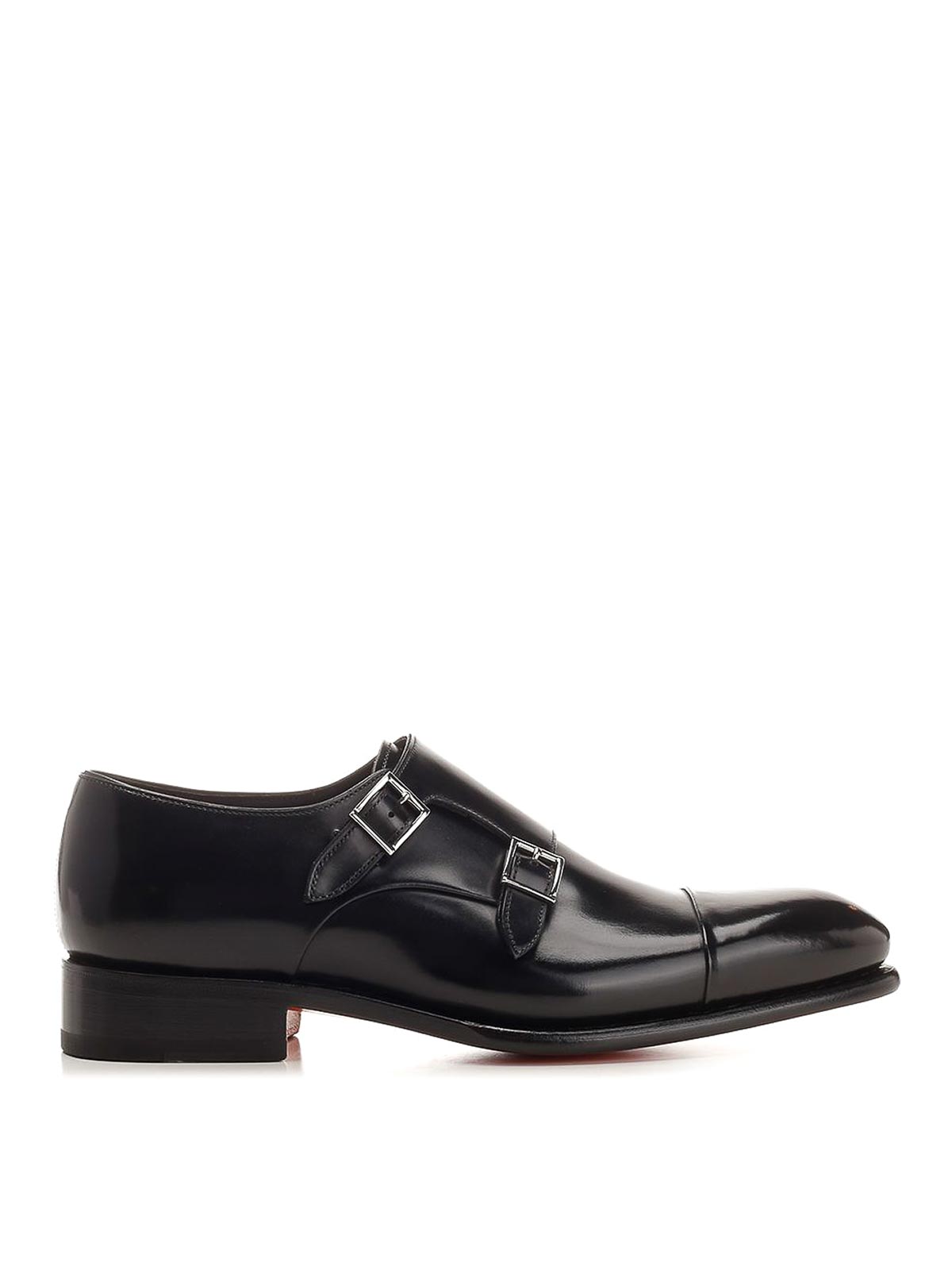 Santoni Mens Double Buckle In Black Antiqued Leather In Black
