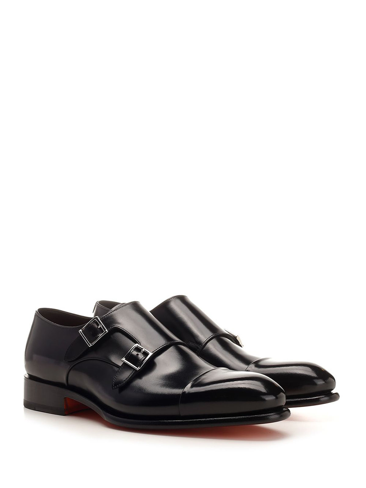Santoni Mens Double Buckle In Black Antiqued Leather In Black
