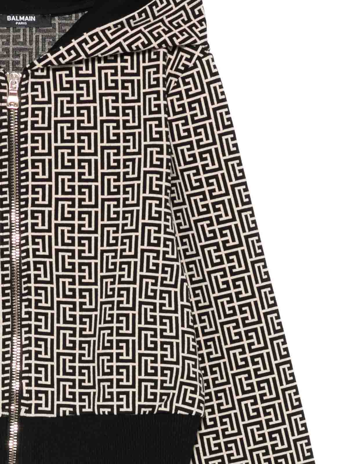 Balmain Hoodie With All-over Pb Monogram Motif In Gray