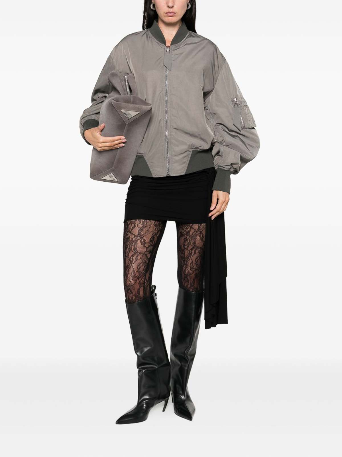Attico Grey Bomber Jacket With Front Zip Closure And One Zipped Pocket On The Sleeve In Tech Fabric Woman In Brown