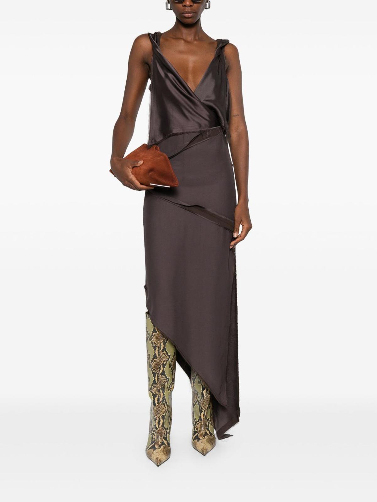 Attico Asymmetrical Midi Dress With Twisted Detail In Brown