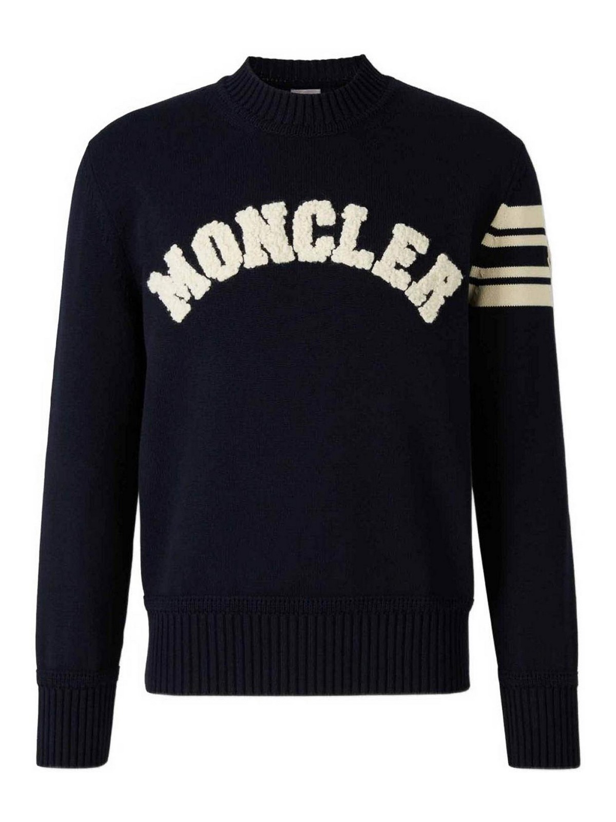 Moncler Cotton Crew Neck Sweater With Ribbed Cuffs And Hem In Black