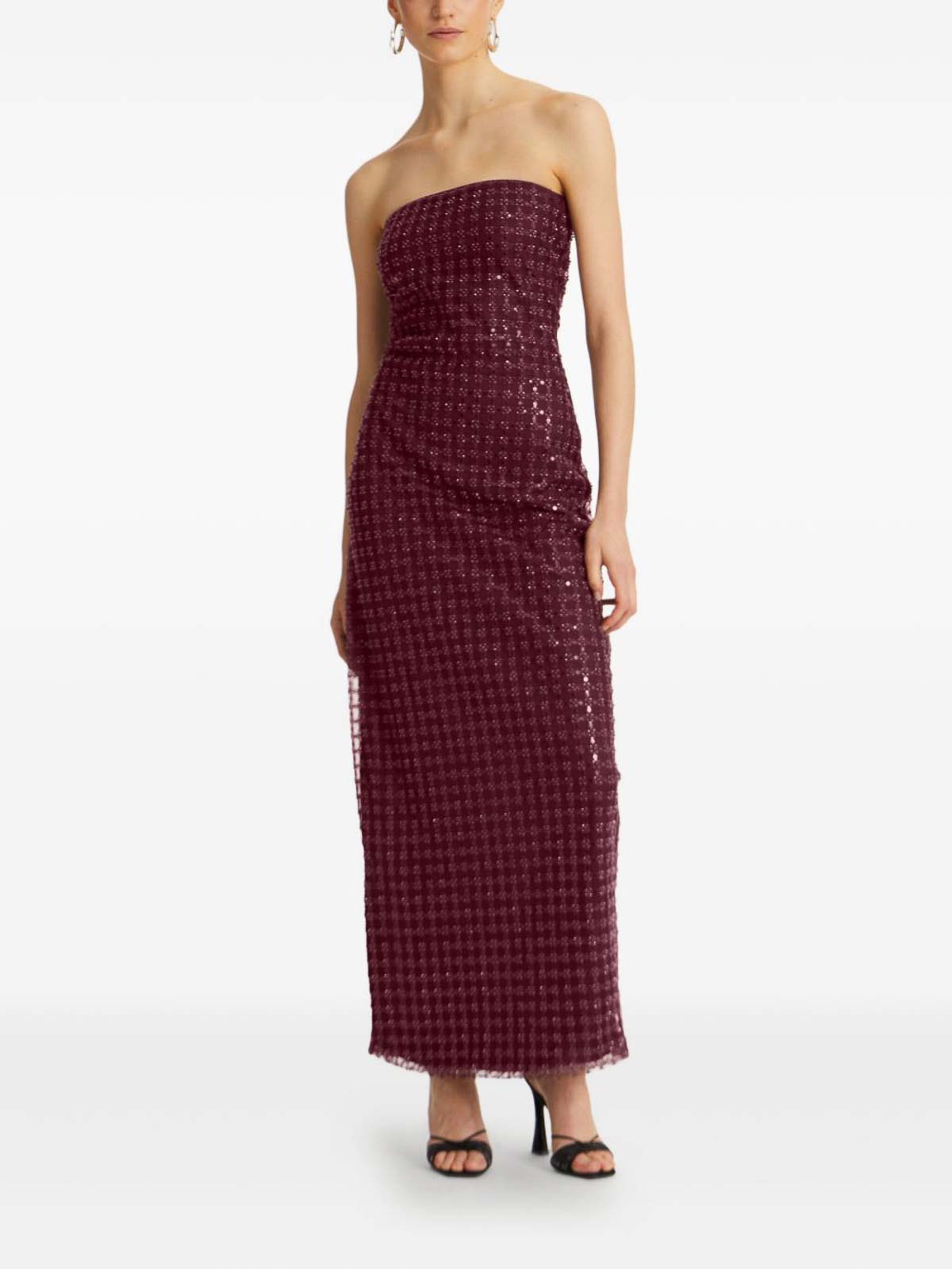 Rotate Birger Christensen Floor-length Burgundy Strapless Evening Dress With Sequined Detailing In Red