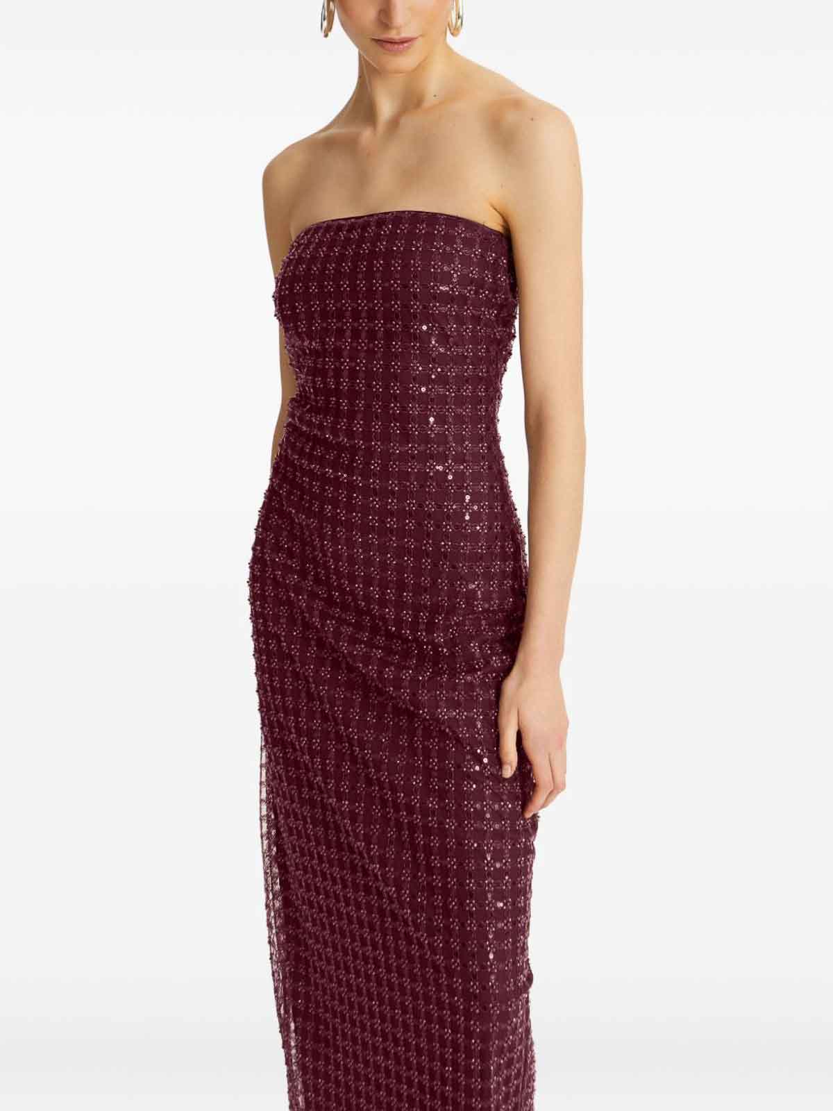 Rotate Birger Christensen Floor-length Burgundy Strapless Evening Dress With Sequined Detailing In Red