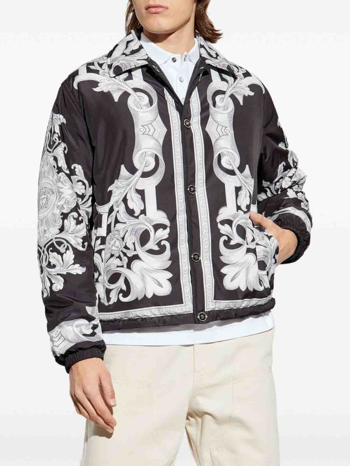 Versace Reversible Black Jacket With Baroque Print In Silver