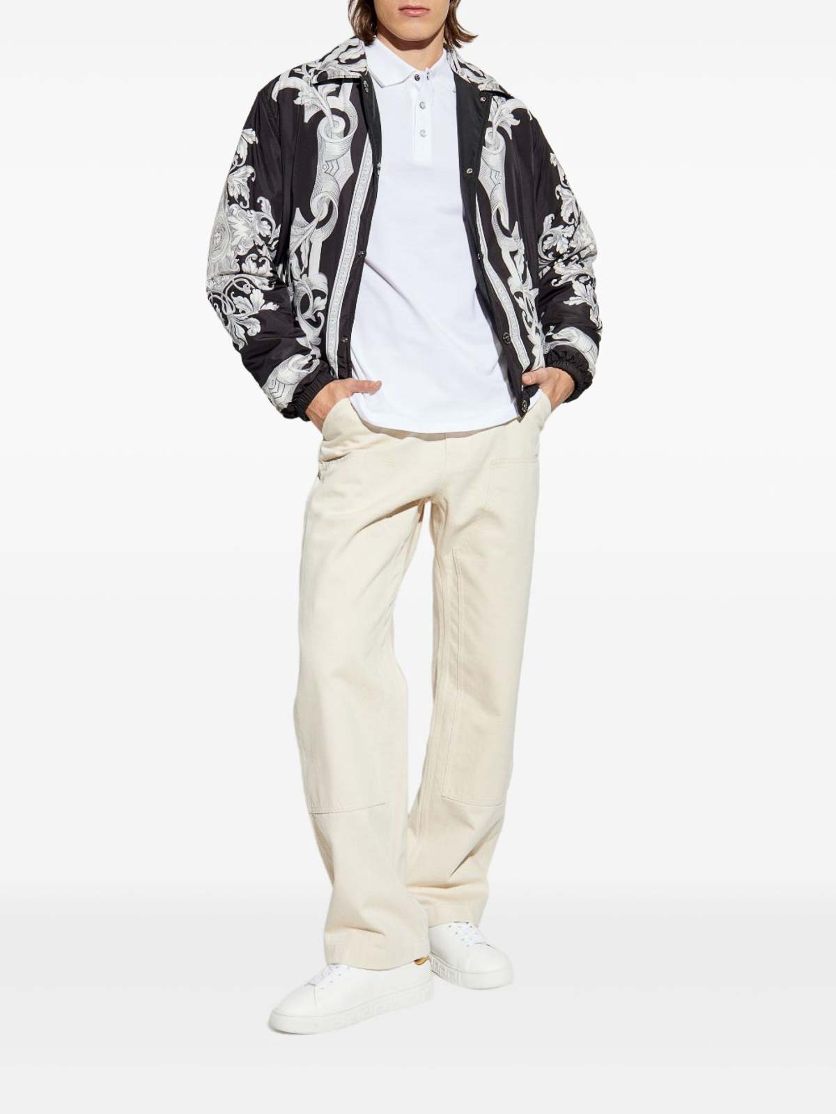 Versace Reversible Black Jacket With Baroque Print In Silver