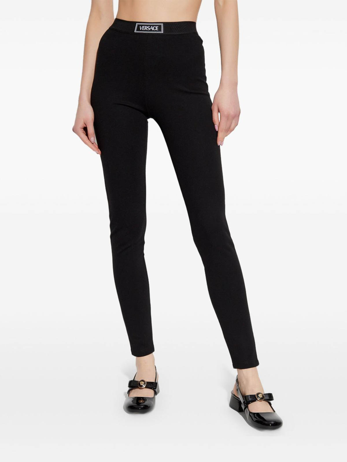 Versace 90s Vintage Logo Velvet Leggings In Black