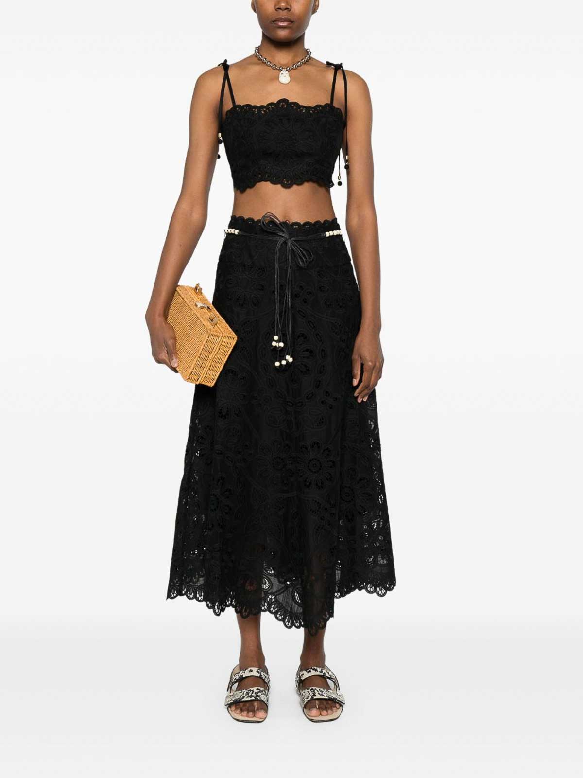 Zimmermann Flared Midi Skirt With Embroidered Openwork Design In Black