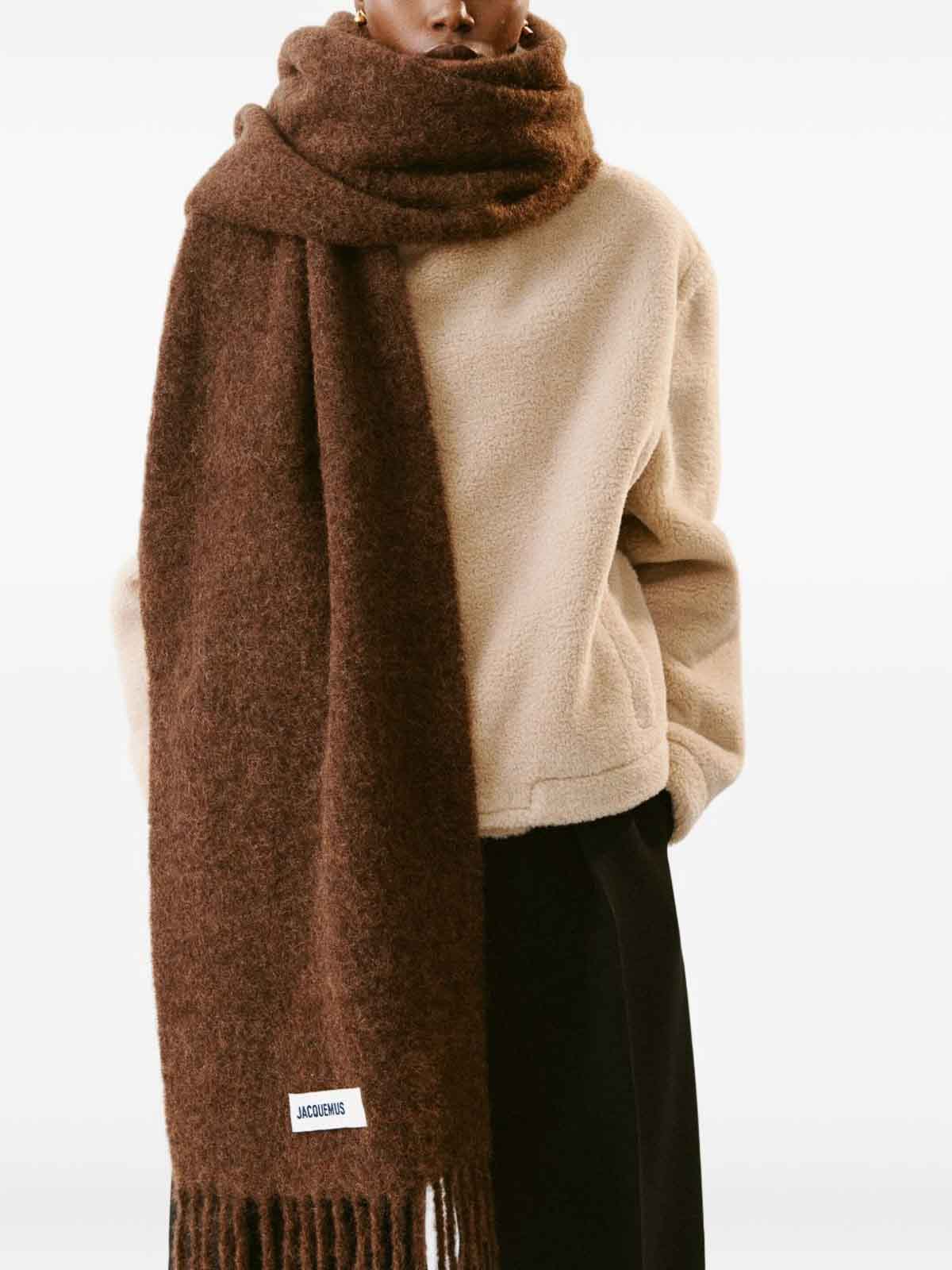 Jacquemus Brown Scarf With Fringe And Logo In Brown
