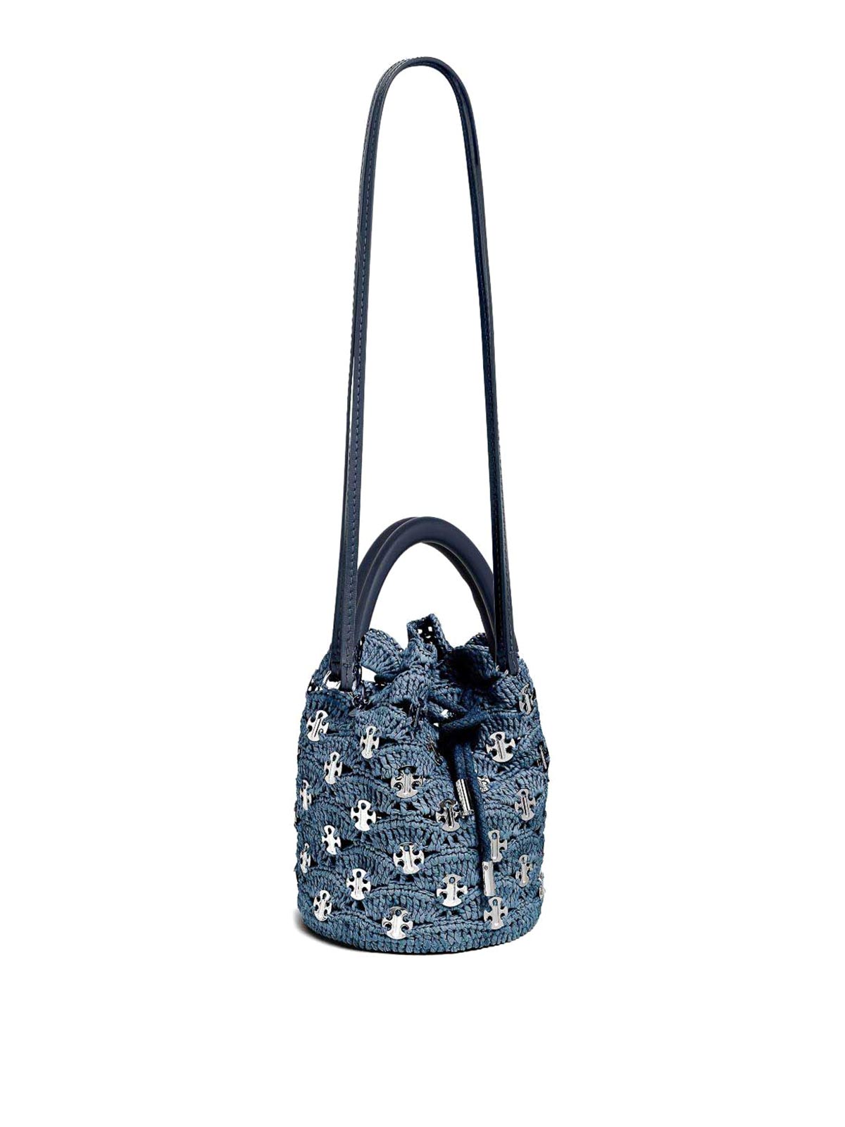 Rabanne Blue Raffia And Leather Bucket Bag In Silver
