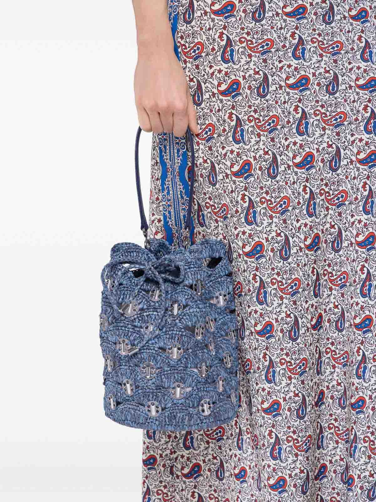Rabanne Blue Raffia And Leather Bucket Bag In Silver