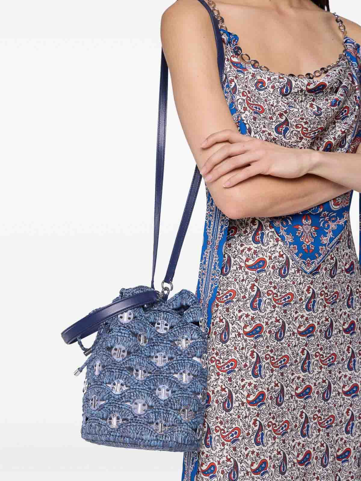 Rabanne Blue Raffia And Leather Bucket Bag In Silver
