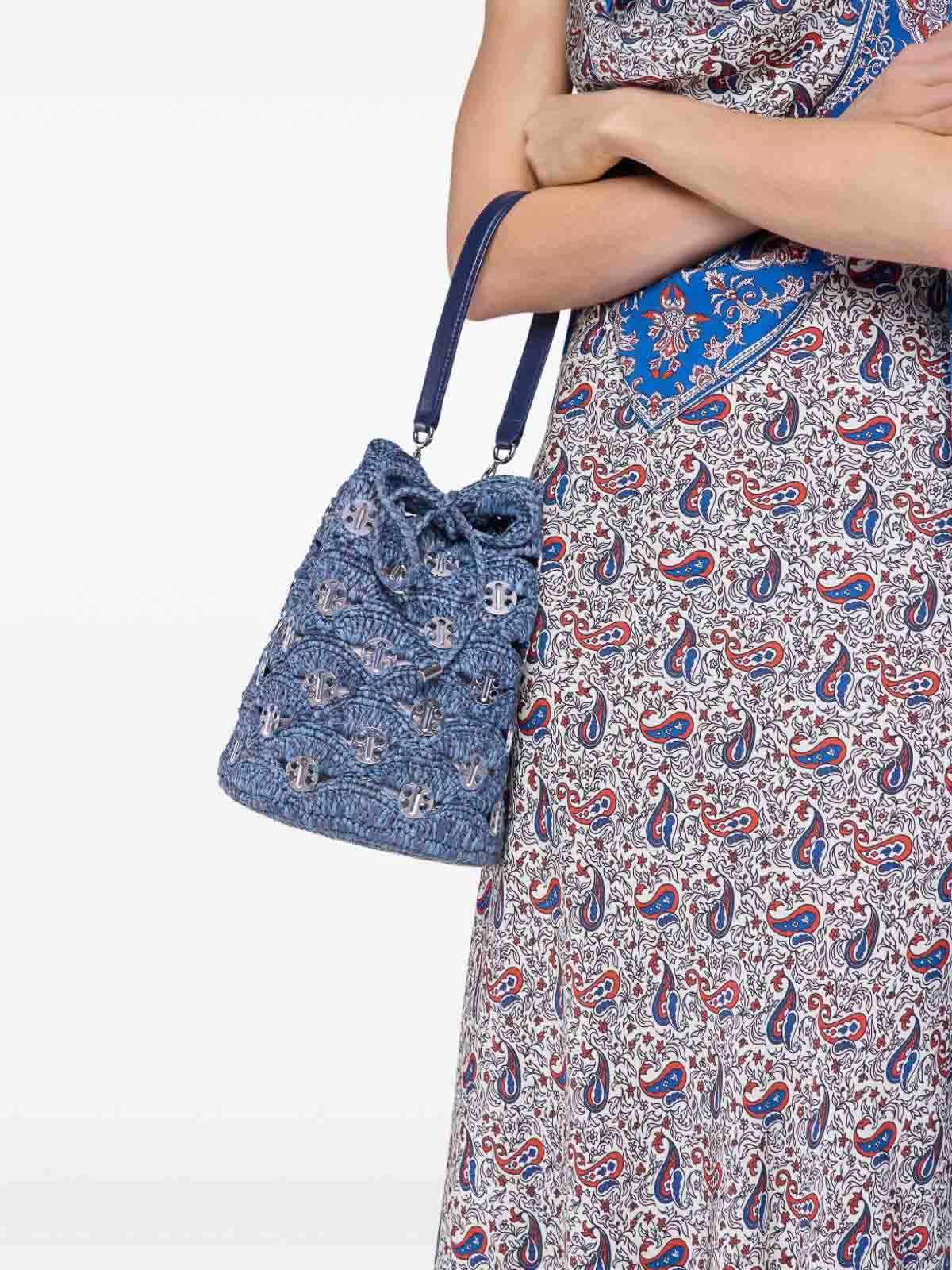 Rabanne Blue Raffia And Leather Bucket Bag In Silver